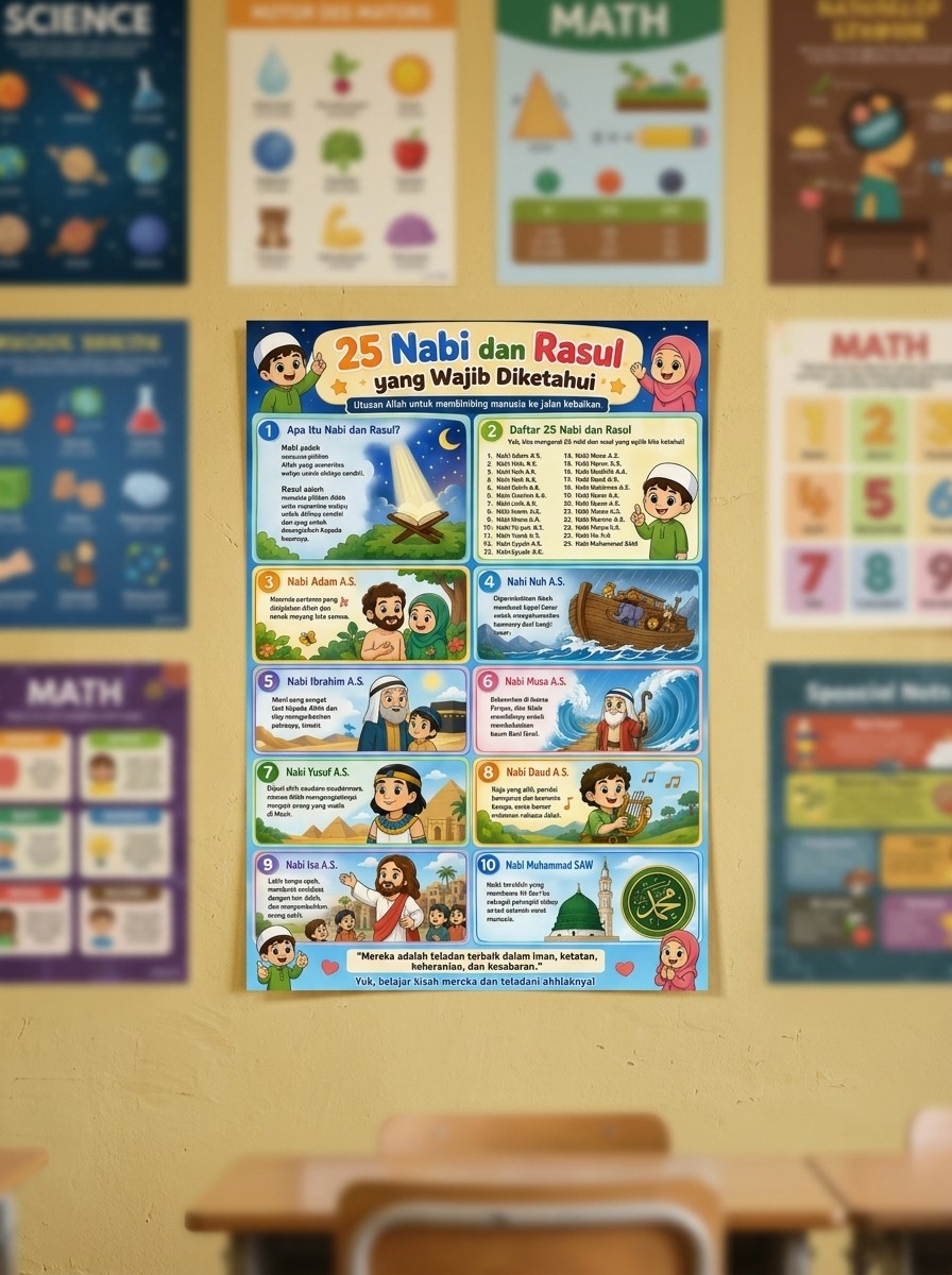 Poster Edukasi Anak Islami 25 Nabi dan Rasul - Hiasan Dinding Belajar Agama Anak TK SD