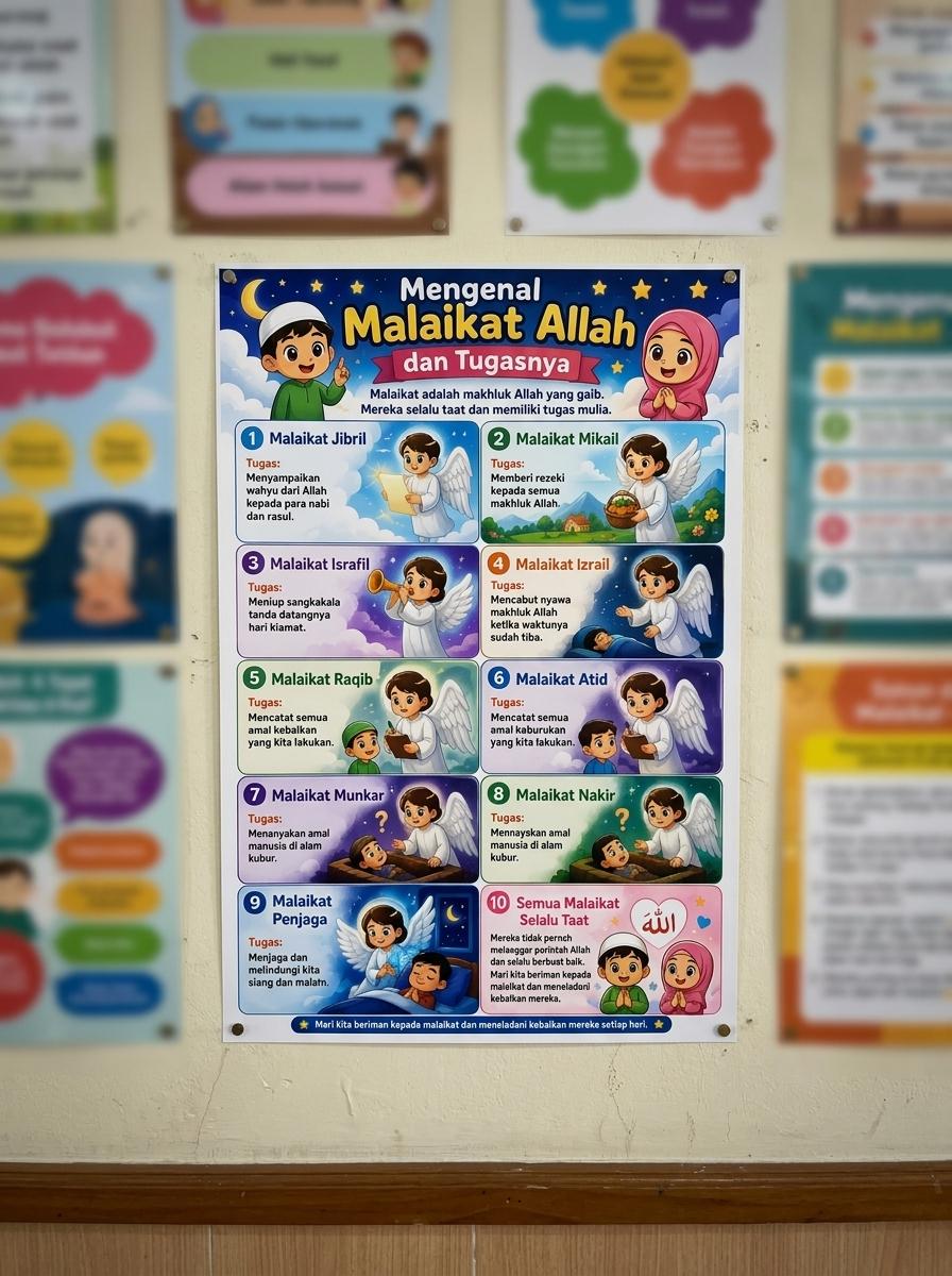 Poster Edukasi Anak Muslim Mengenal 10 Malaikat Allah dan Tugasnya - Alat Peraga Pendidikan Islam Murah Berkualitas
