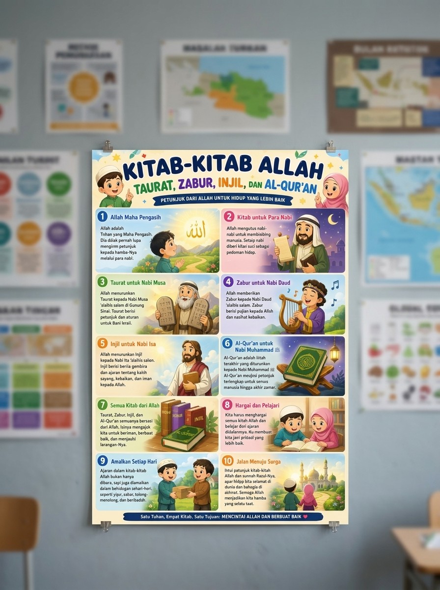 Poster Edukasi Anak Muslim Kitab-Kitab Allah Taurat Zabur Injil Al-Quran - Alat Peraga Pendidikan Agama Islam TK SD