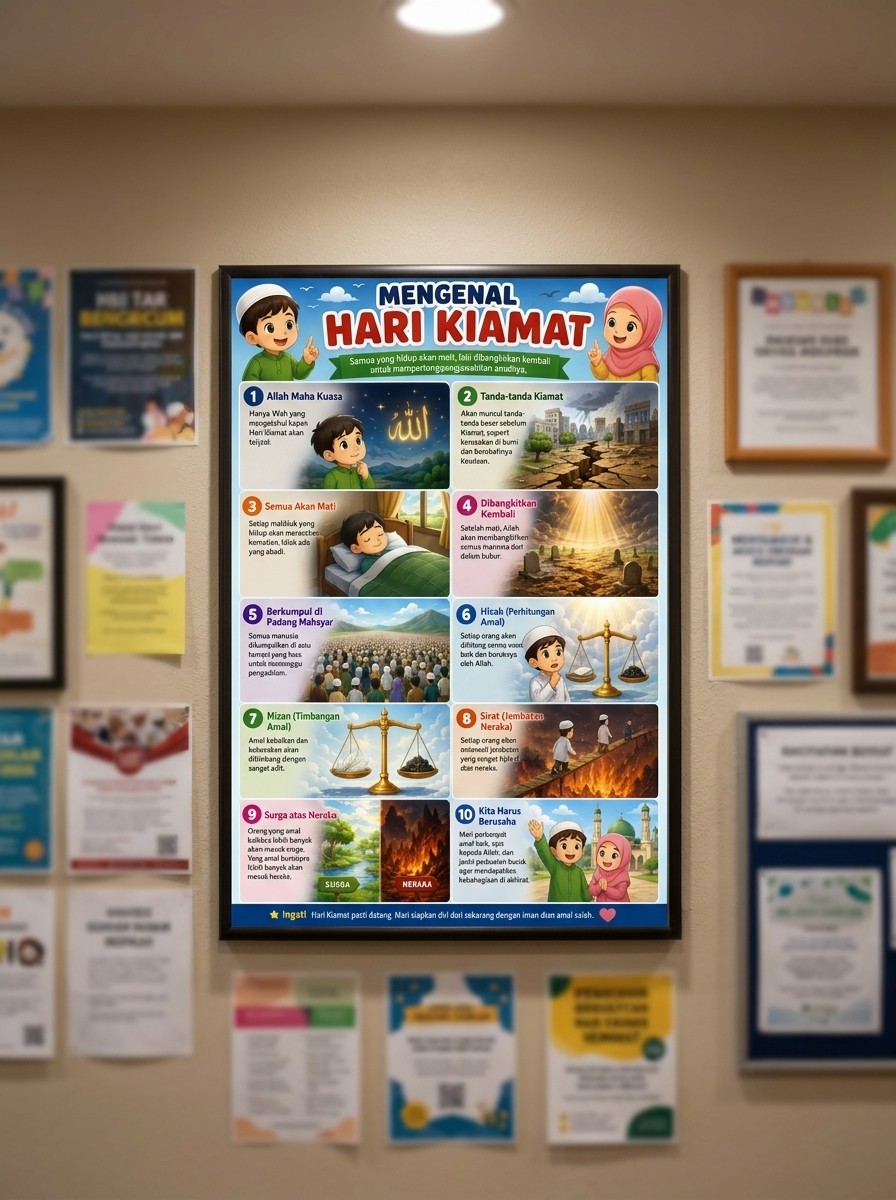 Poster Edukasi Islam Anak Mengenal Hari Kiamat Sugra Kubra - Media Belajar Tauhid Muslim A3+ Kertas Tebal
