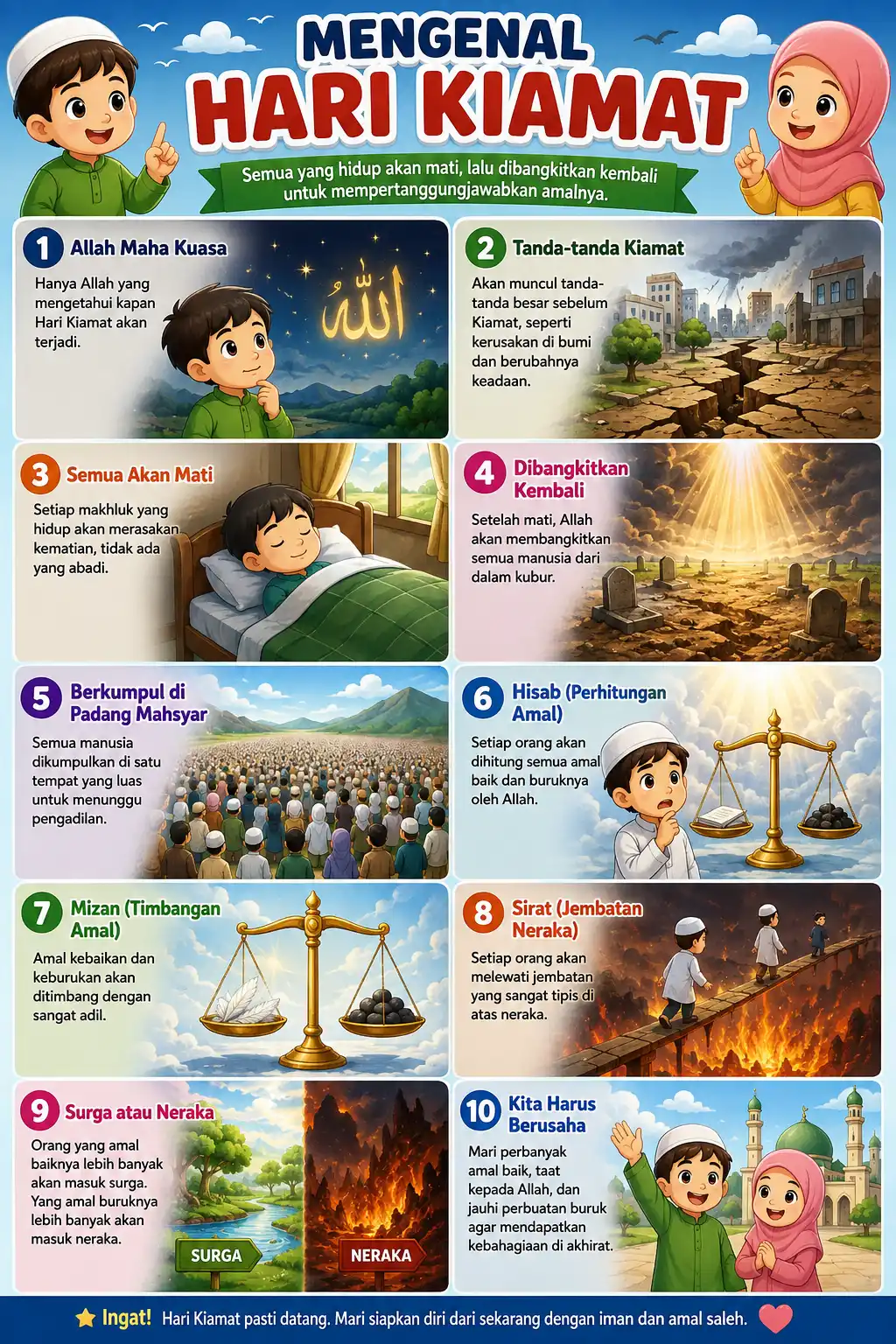 Poster Edukasi Islam Anak Mengenal Hari Kiamat Sugra Kubra - Media Belajar Tauhid Muslim A3+ Kertas Tebal