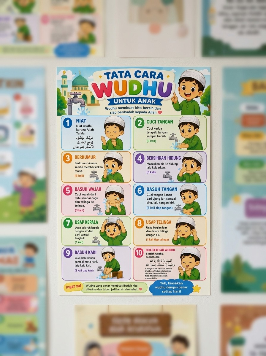 TERMURAH Poster Belajar Wudhu Anak Laki-Laki Perempuan Media Edukasi Ibadah Gambar Menarik Berkualitas