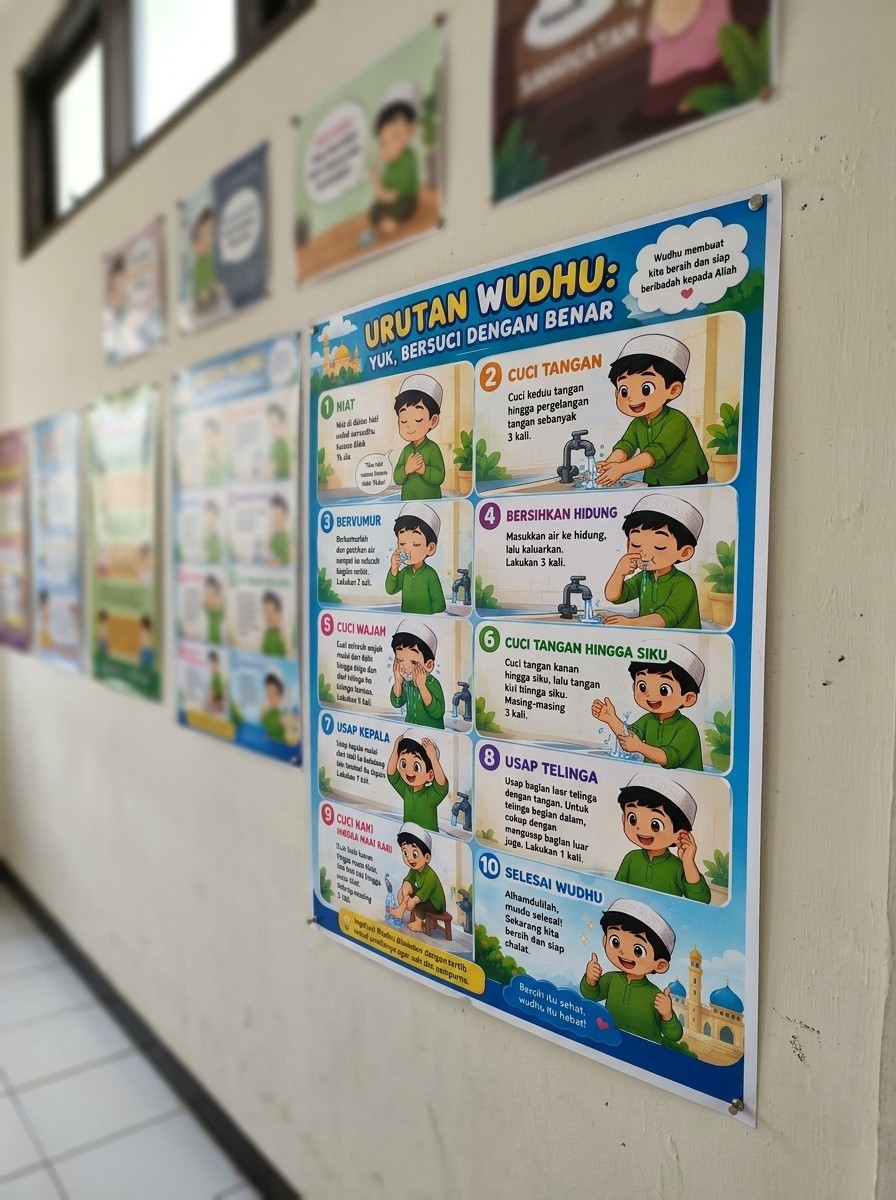 Poster Edukasi Anak Muslim Tata Cara Wudhu Lengkap Poster Urutan Wudhu Laki-Laki Perempuan