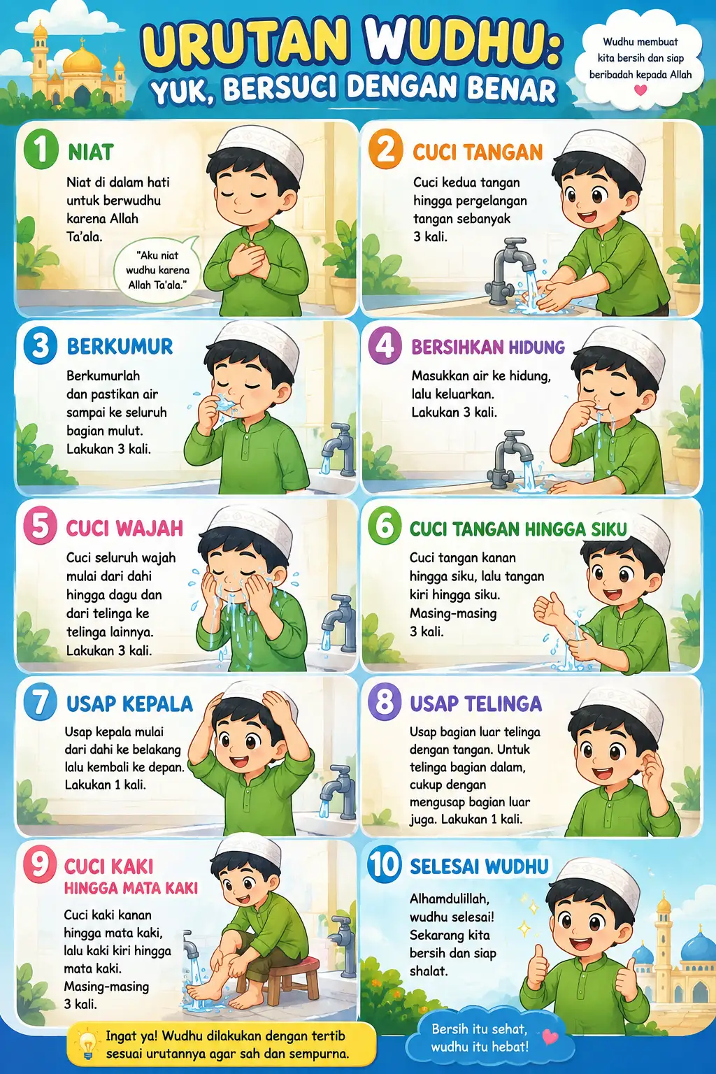 Poster Edukasi Anak Muslim Tata Cara Wudhu Lengkap Poster Urutan Wudhu Laki-Laki Perempuan