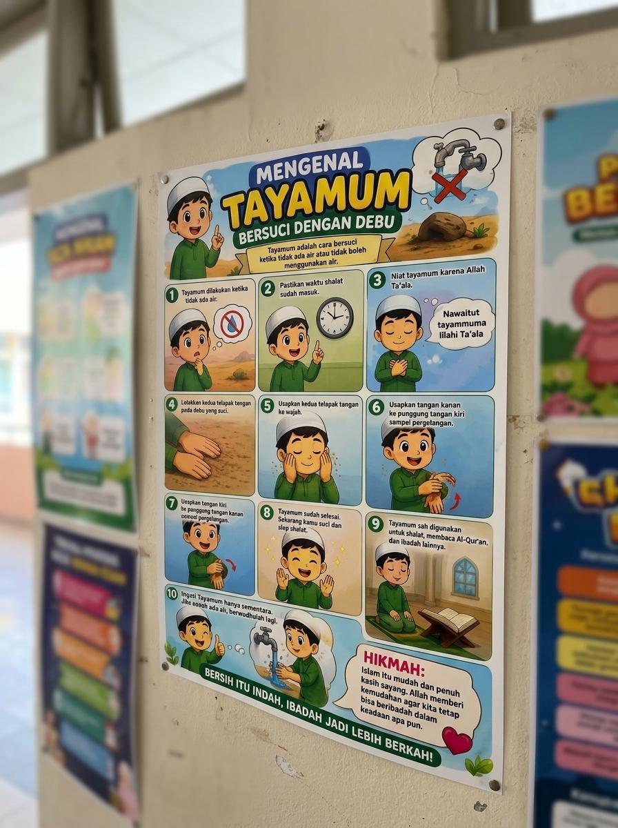 Poster Pendidikan Anak Tata Cara Tayamum - Belajar Bersuci dengan Debu Edukasi Islam TPQ TPA