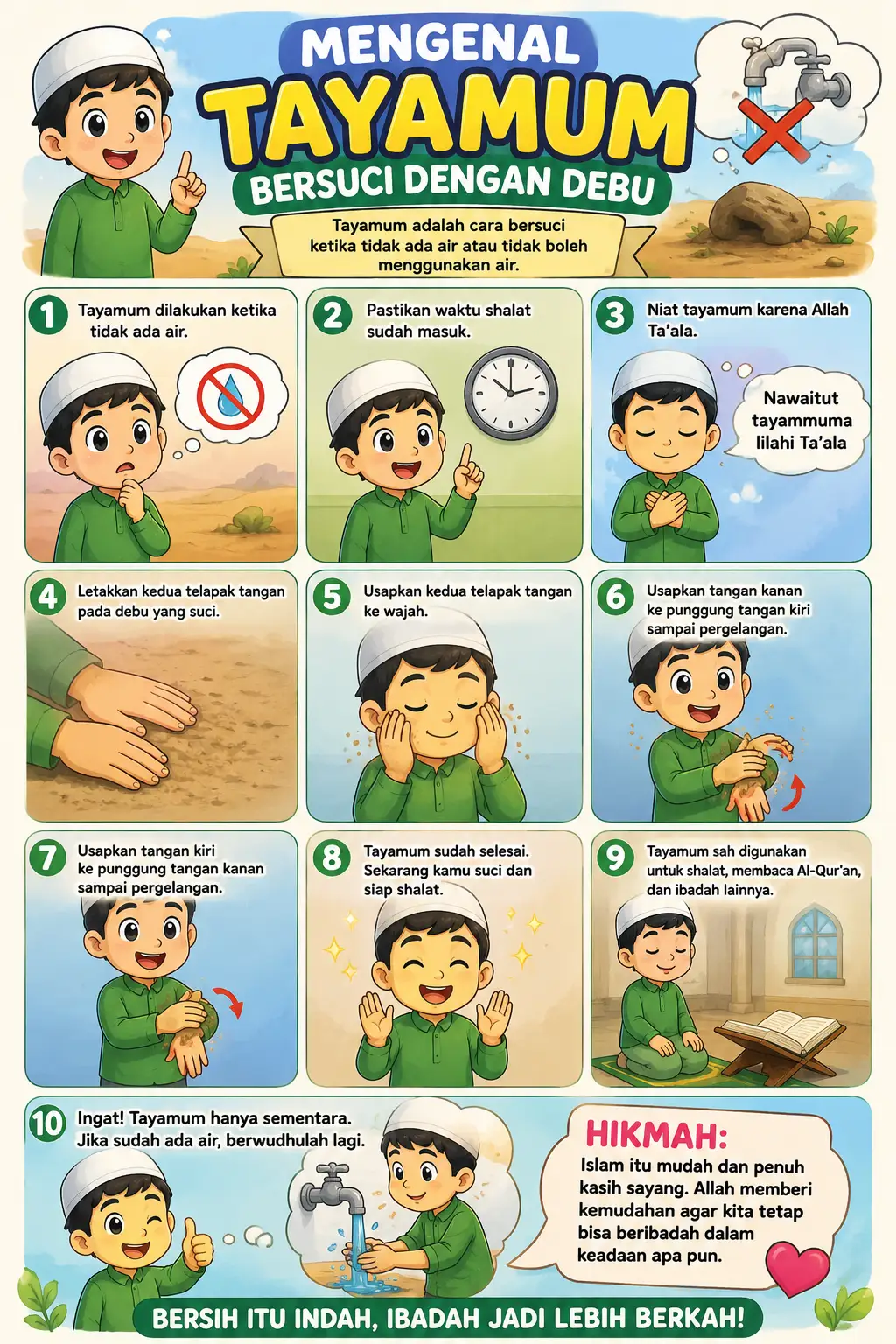 Poster Pendidikan Anak Tata Cara Tayamum - Belajar Bersuci dengan Debu Edukasi Islam TPQ TPA