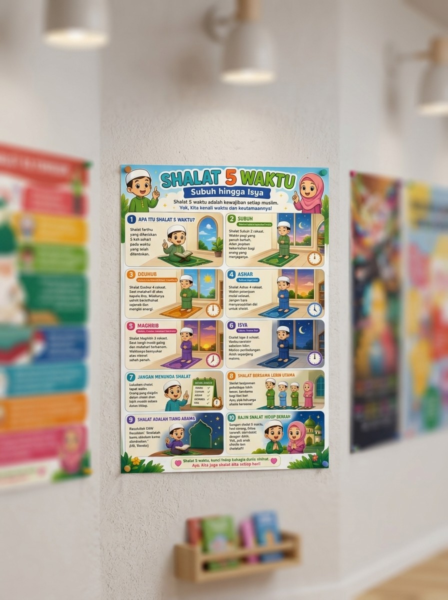 Poster Edukasi Anak Belajar Shalat 5 Waktu Lengkap Subuh Sampai Isya Hiasan Dinding PAUD TK