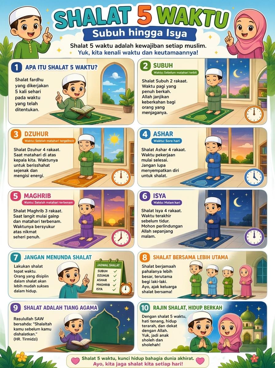 Poster Edukasi Anak Belajar Shalat 5 Waktu Lengkap Subuh Sampai Isya Hiasan Dinding PAUD TK