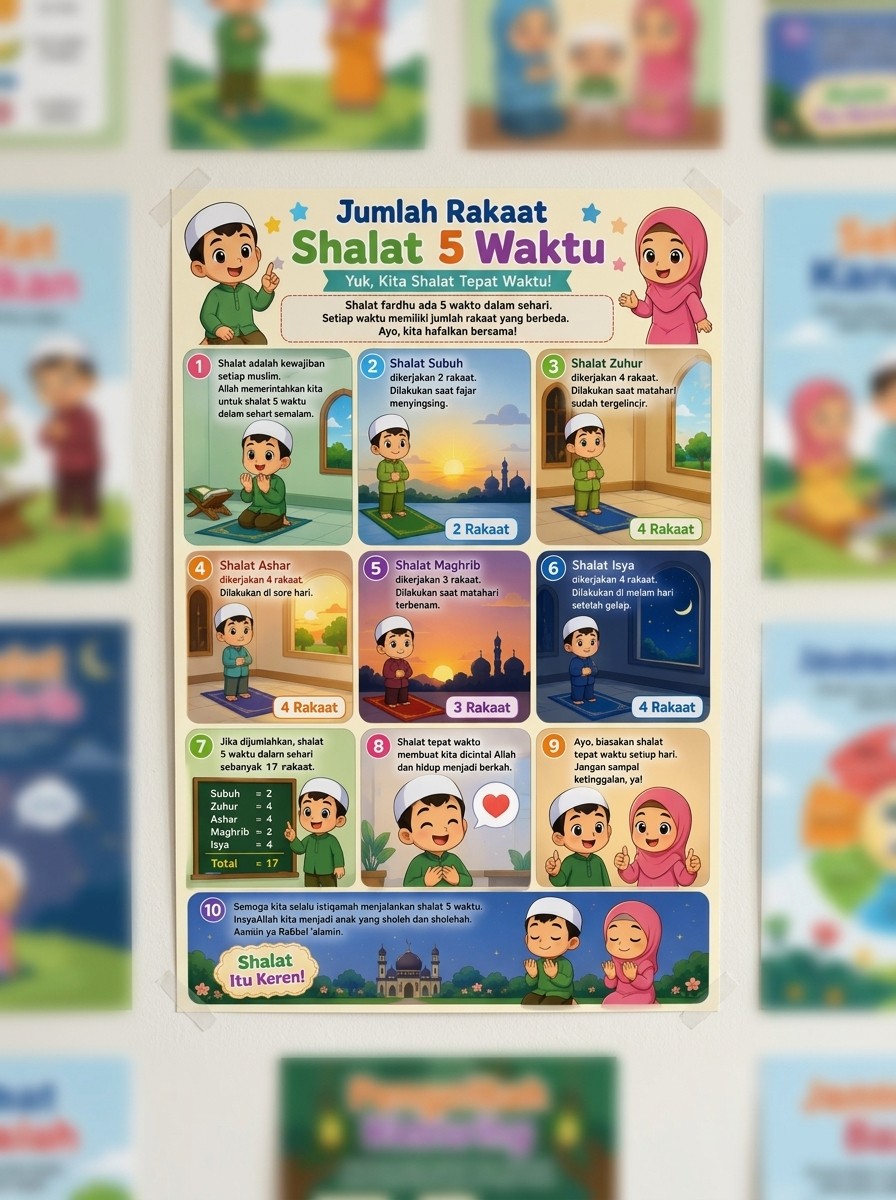 Poster Belajar Sholat Anak Lengkap Jumlah Rakaat 5 Waktu - Alat Peraga Pendidikan Agama Islam TK SD Murah
