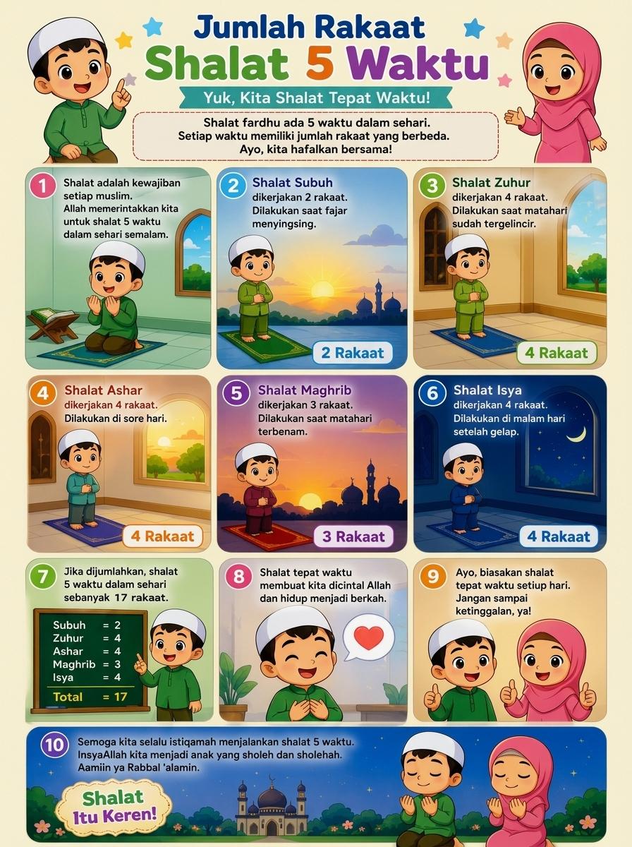 Poster Belajar Sholat Anak Lengkap Jumlah Rakaat 5 Waktu - Alat Peraga Pendidikan Agama Islam TK SD Murah