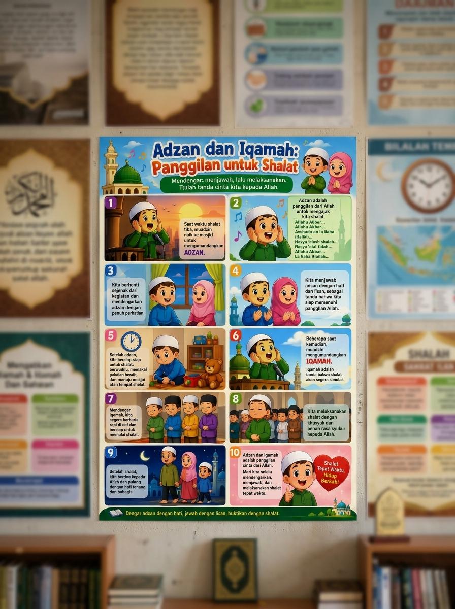 Poster Adzan dan Iqamah Edukasi Anak - Hiasan Dinding Mushola Islami - Belajar Shalat Murah Berkualitas