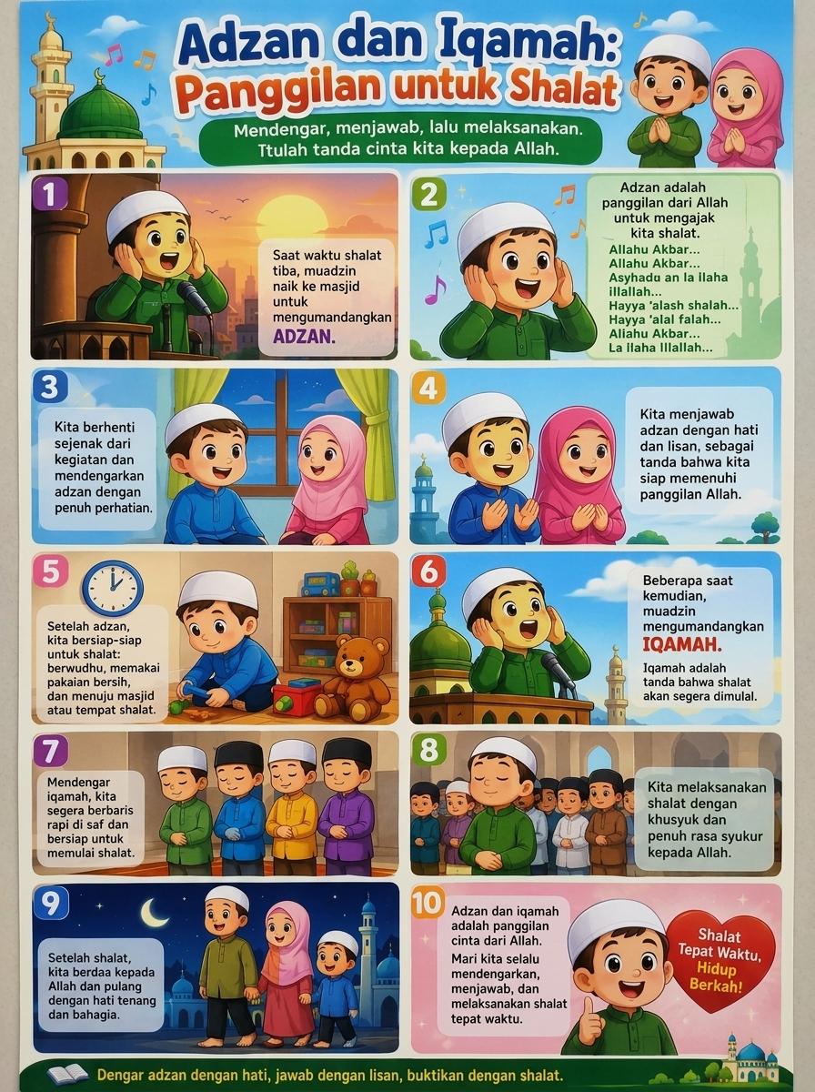 Poster Adzan dan Iqamah Edukasi Anak - Hiasan Dinding Mushola Islami - Belajar Shalat Murah Berkualitas