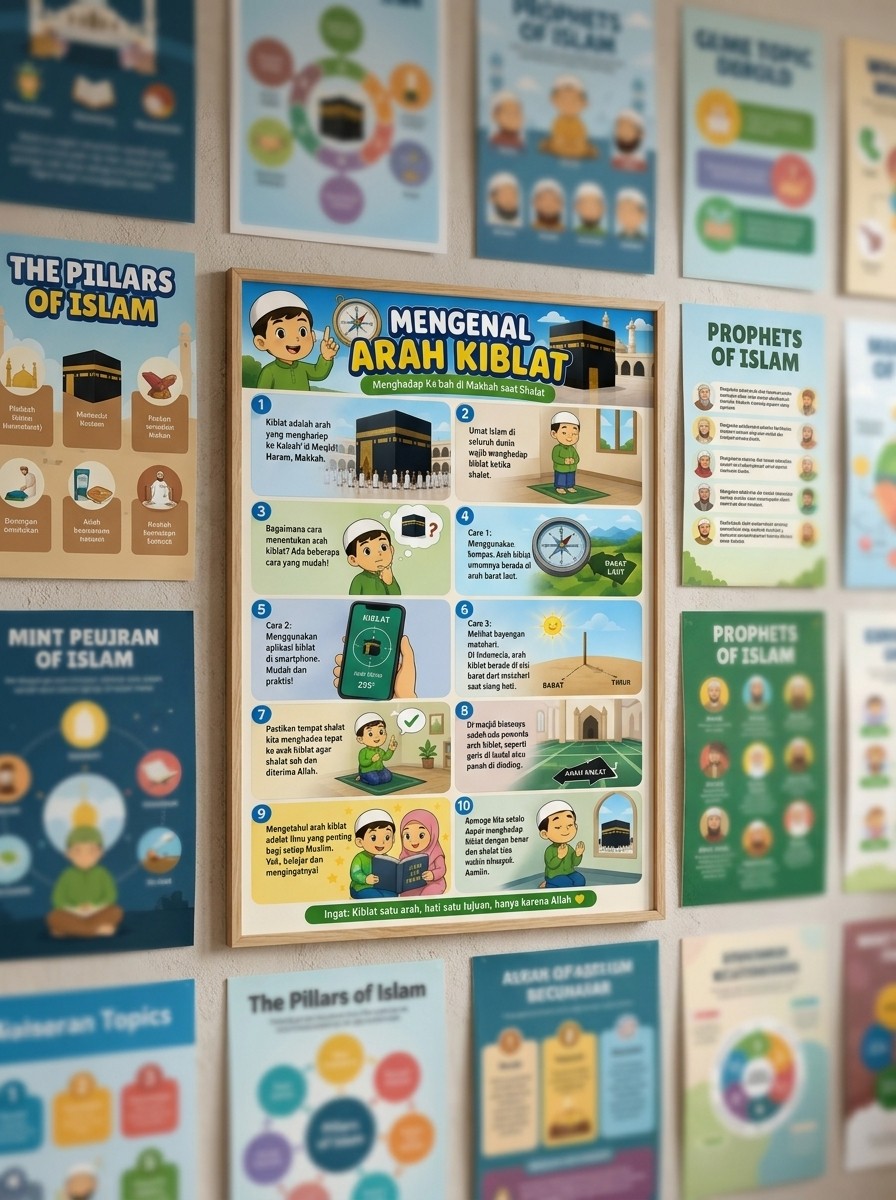 Poster Mengenal Arah Kiblat Belajar Sholat Anak Muslim Termurah - Media Belajar Anak Islami High Quality Bisa COD