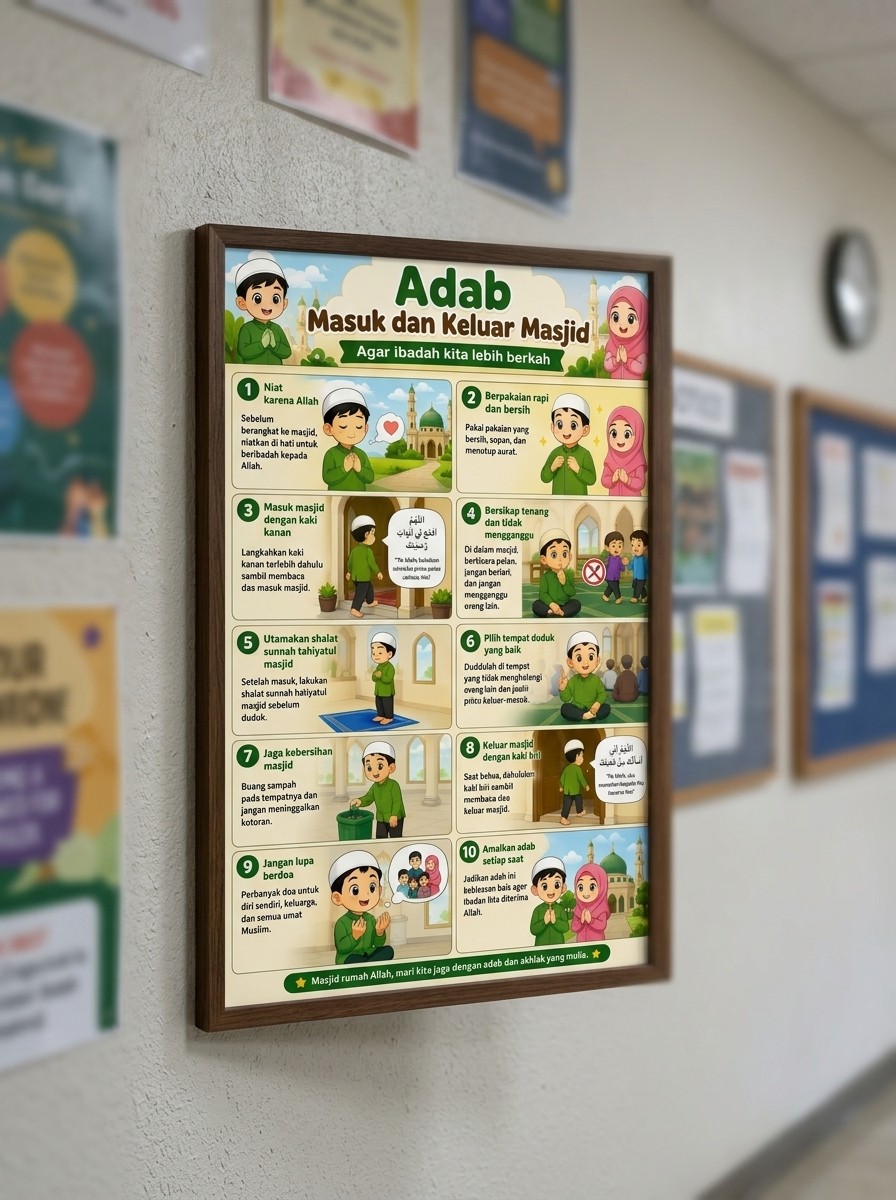 Poster Doa & Adab Masuk Keluar Masjid untuk Mushola & Sekolah - Pajangan Edukasi Islami Anak TK PAUD SD