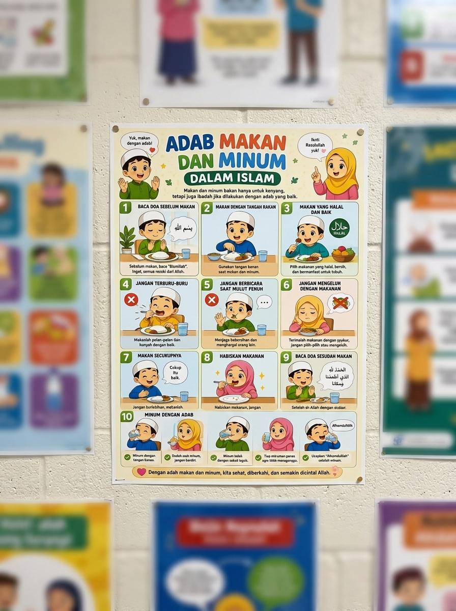 Poster Edukasi Anak Muslim Adab Makan dan Minum Islam Hiasan Dinding TK PAUD SD Kualitas HD