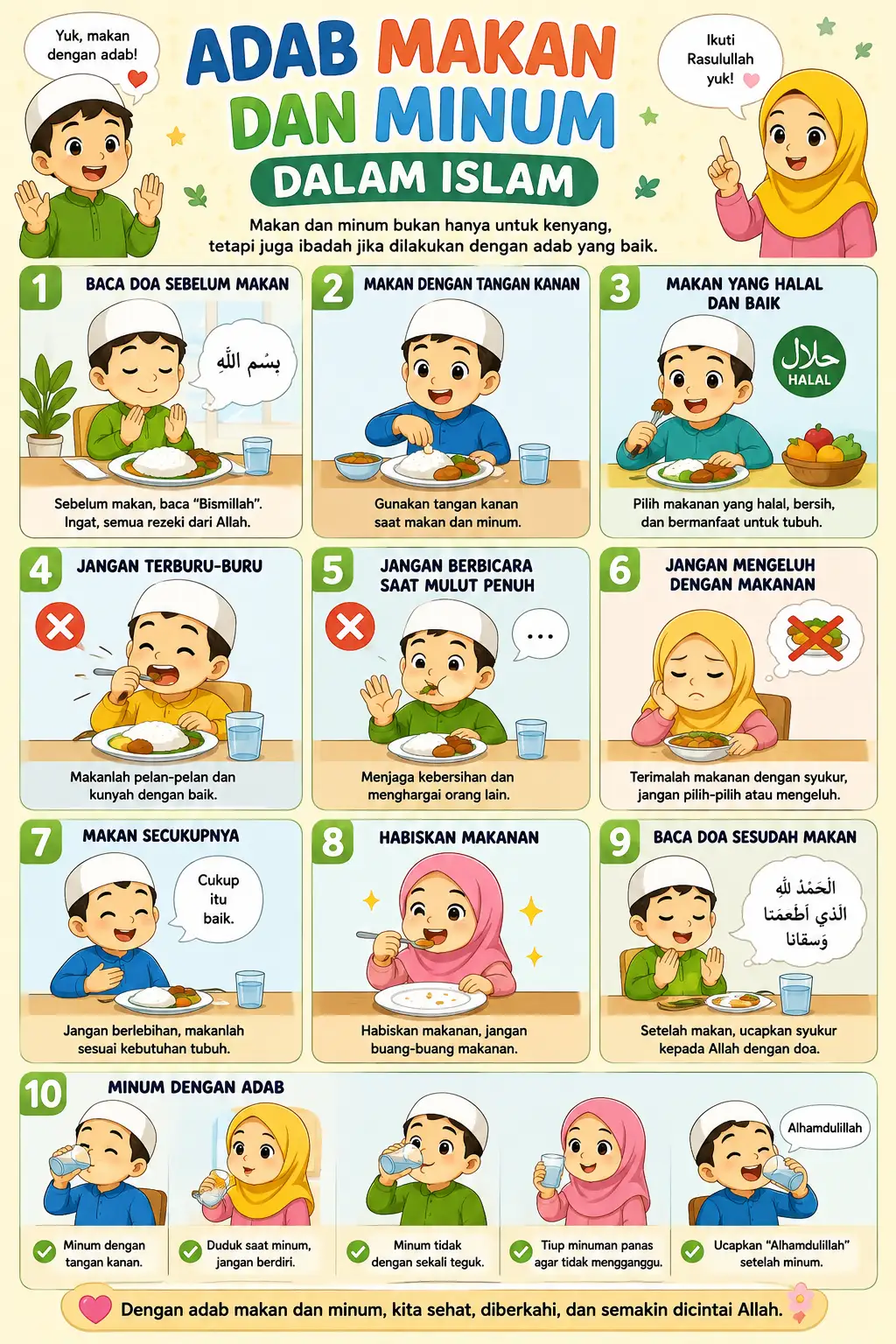 Poster Edukasi Anak Muslim Adab Makan dan Minum Islam Hiasan Dinding TK PAUD SD Kualitas HD