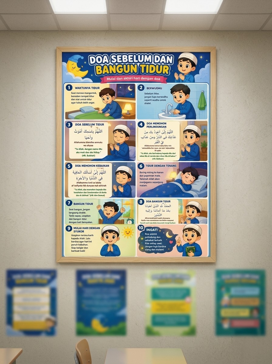 Poster Edukasi Anak Islami Doa Sebelum dan Bangun Tidur - Hiasan Dinding Kamar Belajar