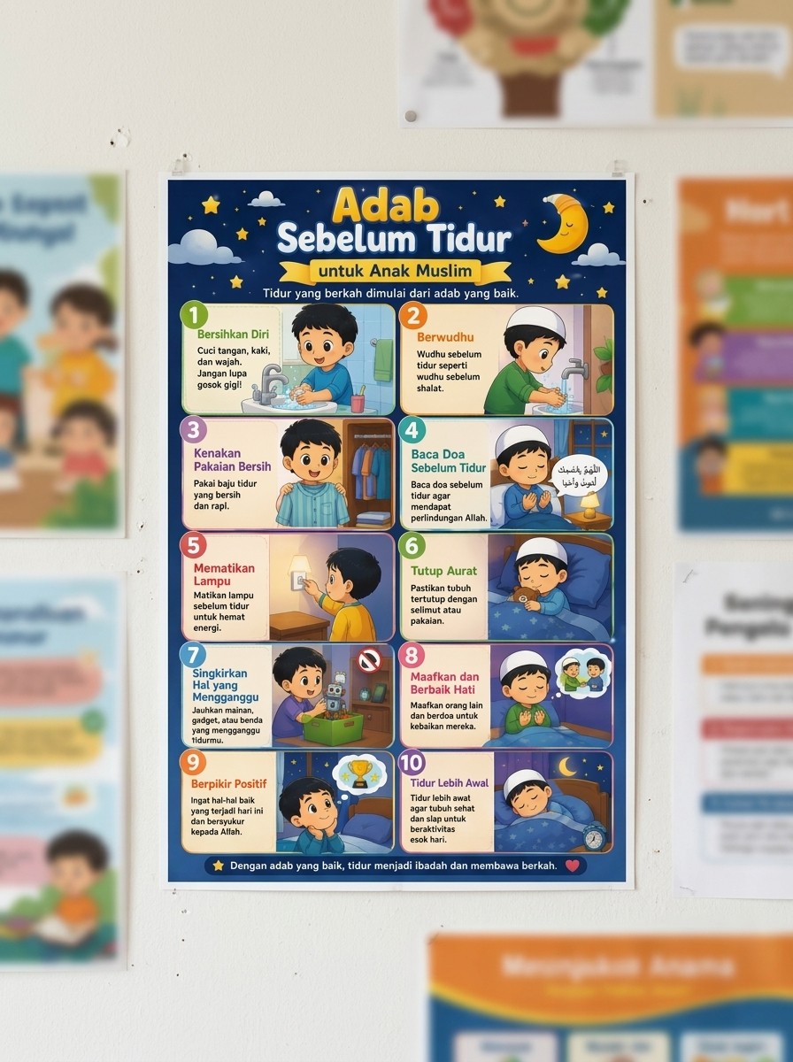 Poster Adab Tidur Anak Muslim - Media Belajar Doa Harian Edukasi Anak Sholeh