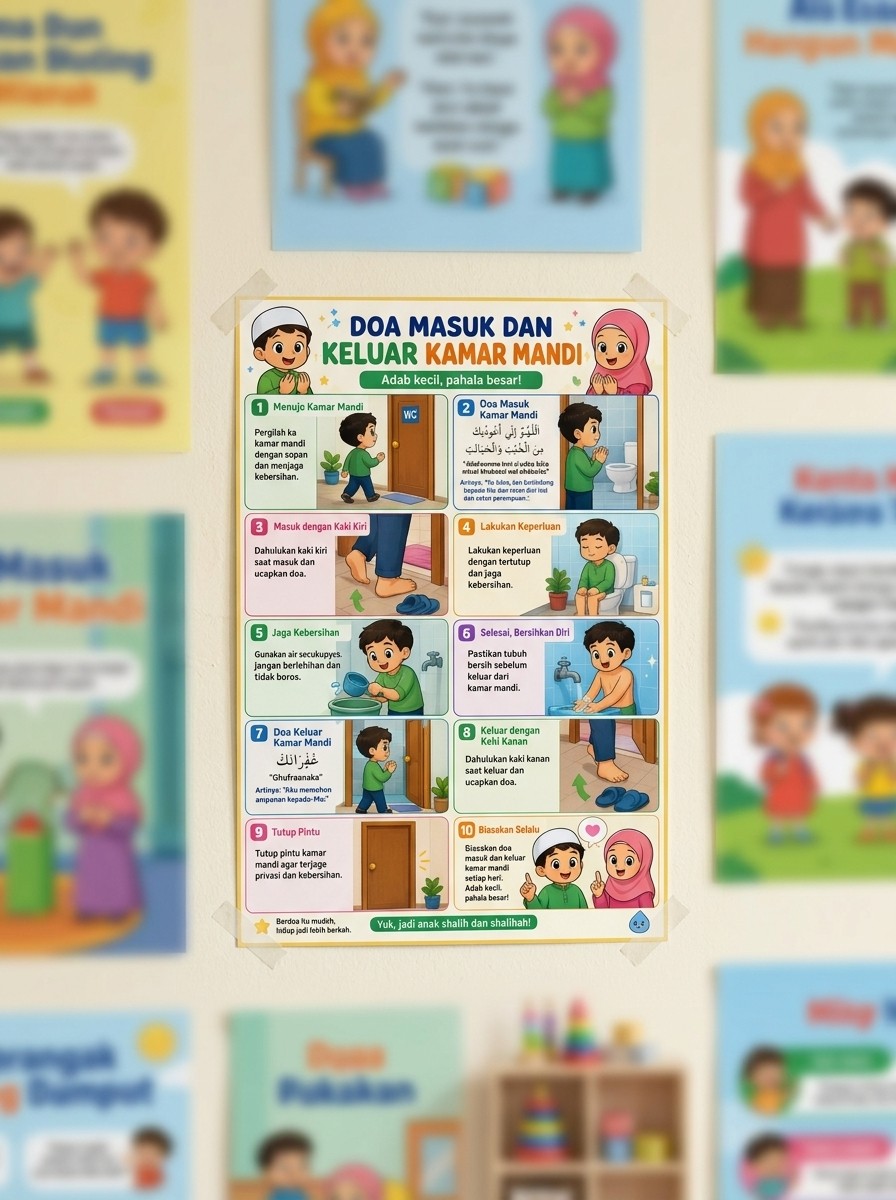 Poster Edukasi Anak Muslim Doa Masuk Keluar Kamar Mandi - Wall Decor Islami Waterproof Kualitas Premium