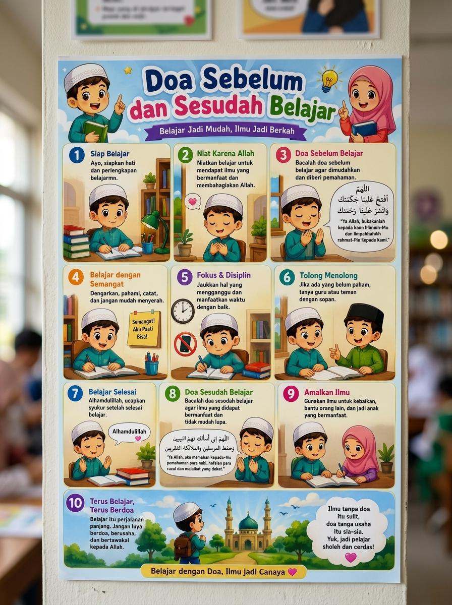 Poster Edukasi Anak Islami Doa Sebelum dan Sesudah Belajar - Dekorasi Dinding PAUD TK SD
