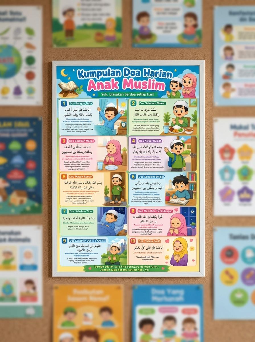 Poster Edukasi Anak Muslim Kumpulan Doa Harian Lengkap - Media Belajar TK PAUD Islami - Poster Dinding Berkualitas