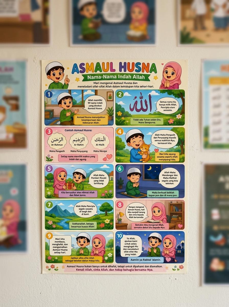 Poster Asmaul Husna Nama Nama Indah Allah Dekorasi Mushola Minimalis Ori