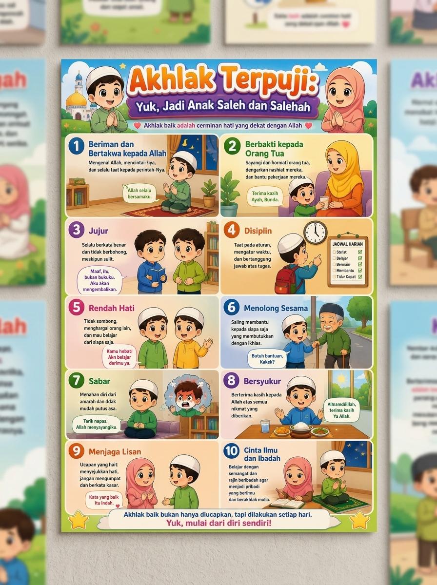 [TERMURAH] Poster Akhlak Terpuji Anak Muslim - Poster Belajar Karakter Saleh & Salehah - Media Pembelajaran Anak PAUD TK SD