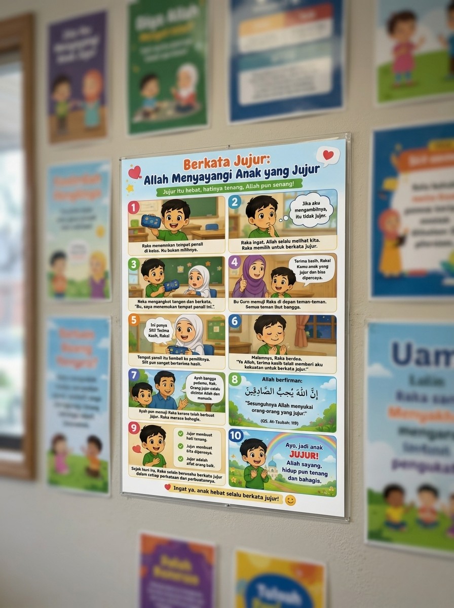 Poster Edukasi Anak Islami Hiasan Dinding Kamar - Belajar Berkata Jujur - Kado Anak Sholeh