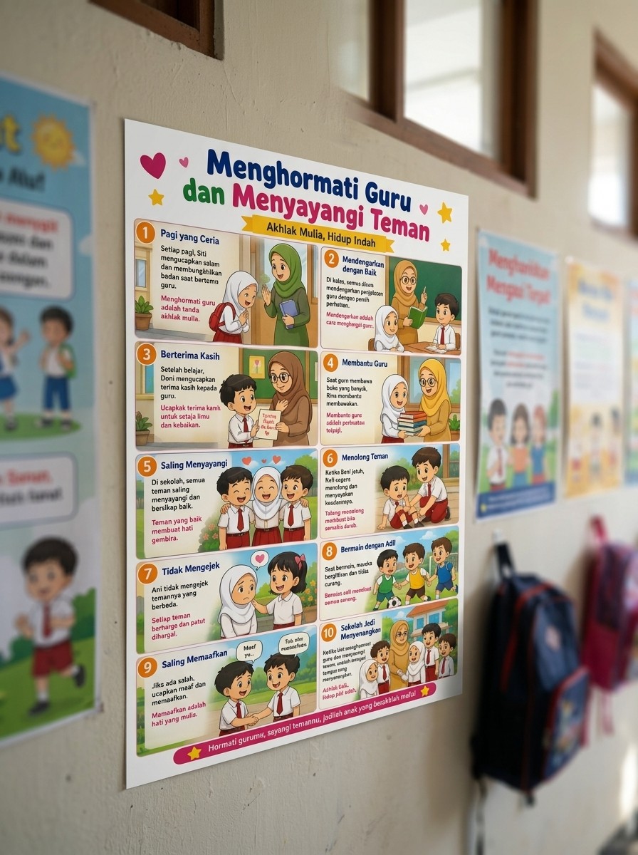 [MURAH] Poster Edukasi Adab Menghormati Guru & Menyayangi Teman Alat Peraga Sekolah TK SD Terlaris