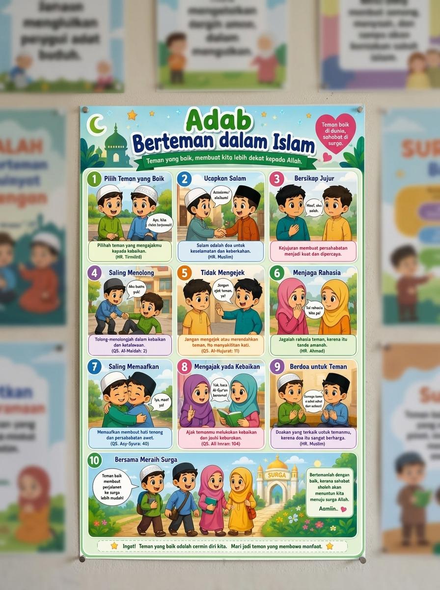 Poster Adab Berteman dalam Islam A3+ Kertas Tebal Media Edukasi Sekolah TK SD Terbaru