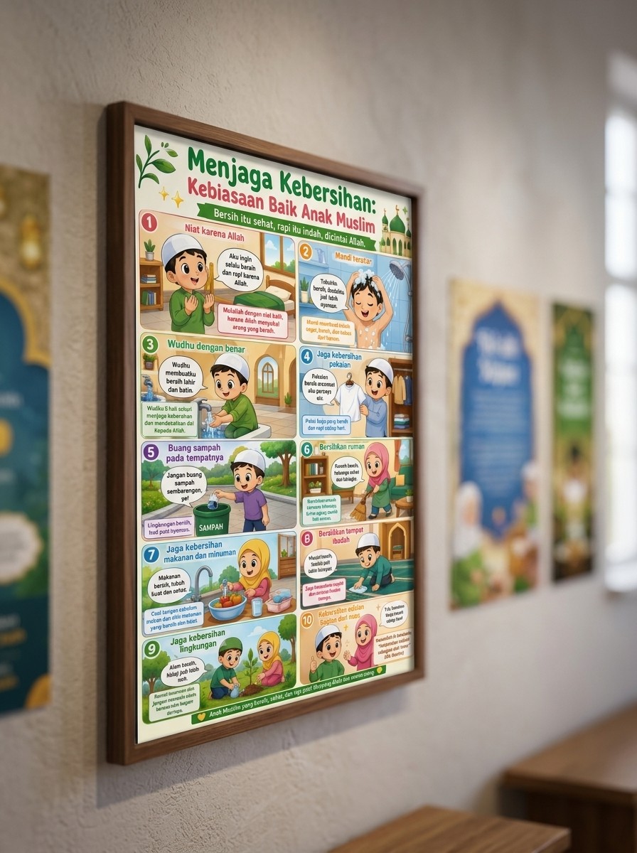 Poster Menjaga Kebersihan Kebiasaan Baik Anak Muslim - Dekorasi Dinding Islami untuk PAUD TK SD - Bahan Tebal Kualitas Premium