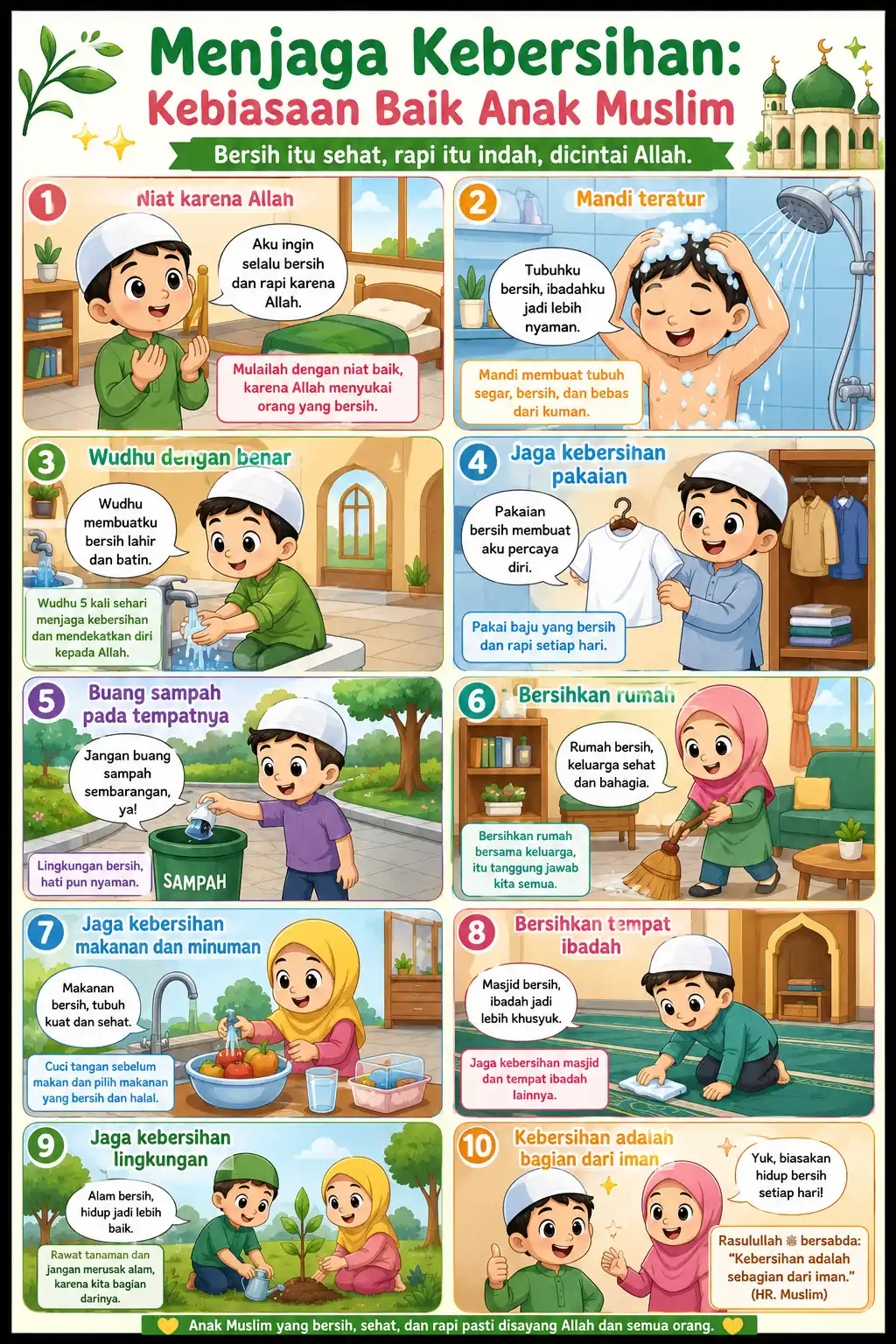 Poster Menjaga Kebersihan Kebiasaan Baik Anak Muslim - Dekorasi Dinding Islami untuk PAUD TK SD - Bahan Tebal Kualitas Premium