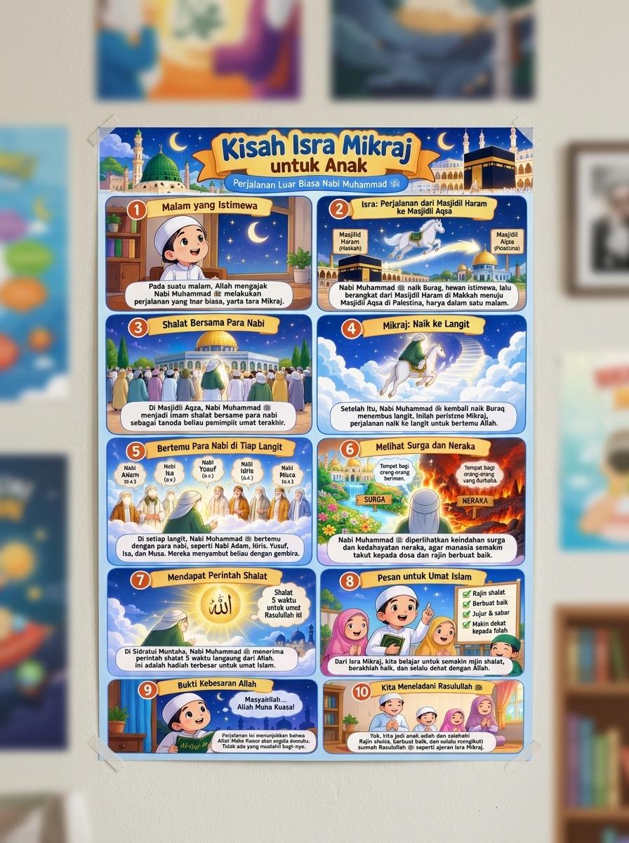 Poster Edukasi Anak Kisah Isra Mikraj Nabi Muhammad SAW - Media Belajar Islami PAUD TK SD - Dekorasi Dinding Islami