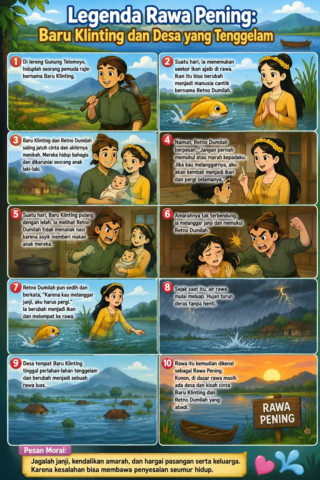 Poster Edukasi Anak Legenda Rawa Pening Baru Klinting Hiasan Dinding Cerita Rakyat Indonesia Kualitas HD