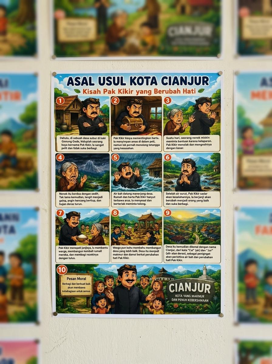 Poster Edukasi Anak Cerita Rakyat Asal Usul Kota Cianjur Pak Kikir - Media Belajar Sejarah Budaya Indonesia