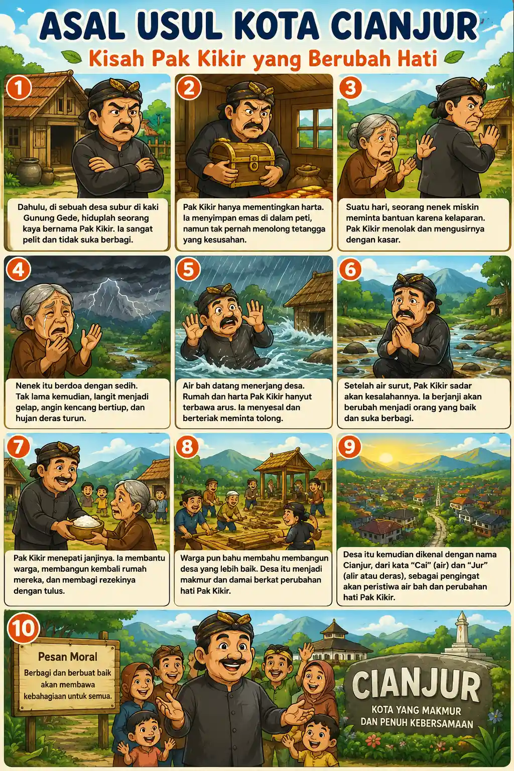 Poster Edukasi Anak Cerita Rakyat Asal Usul Kota Cianjur Pak Kikir - Media Belajar Sejarah Budaya Indonesia