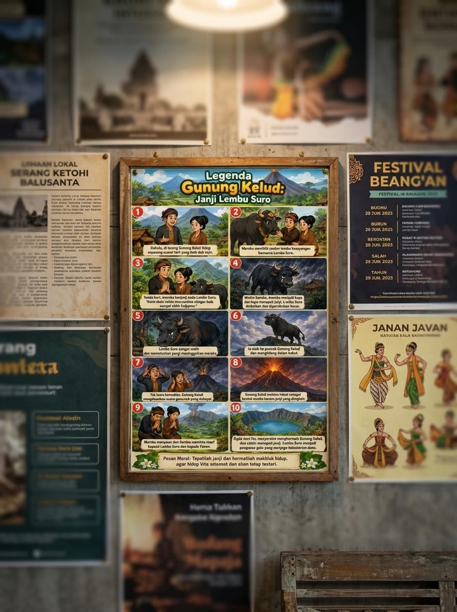 Poster Legenda Gunung Kelud Janji Lembu Suro - Dekorasi Dinding Budaya Jawa Unik Koleksi Seni Tradisional