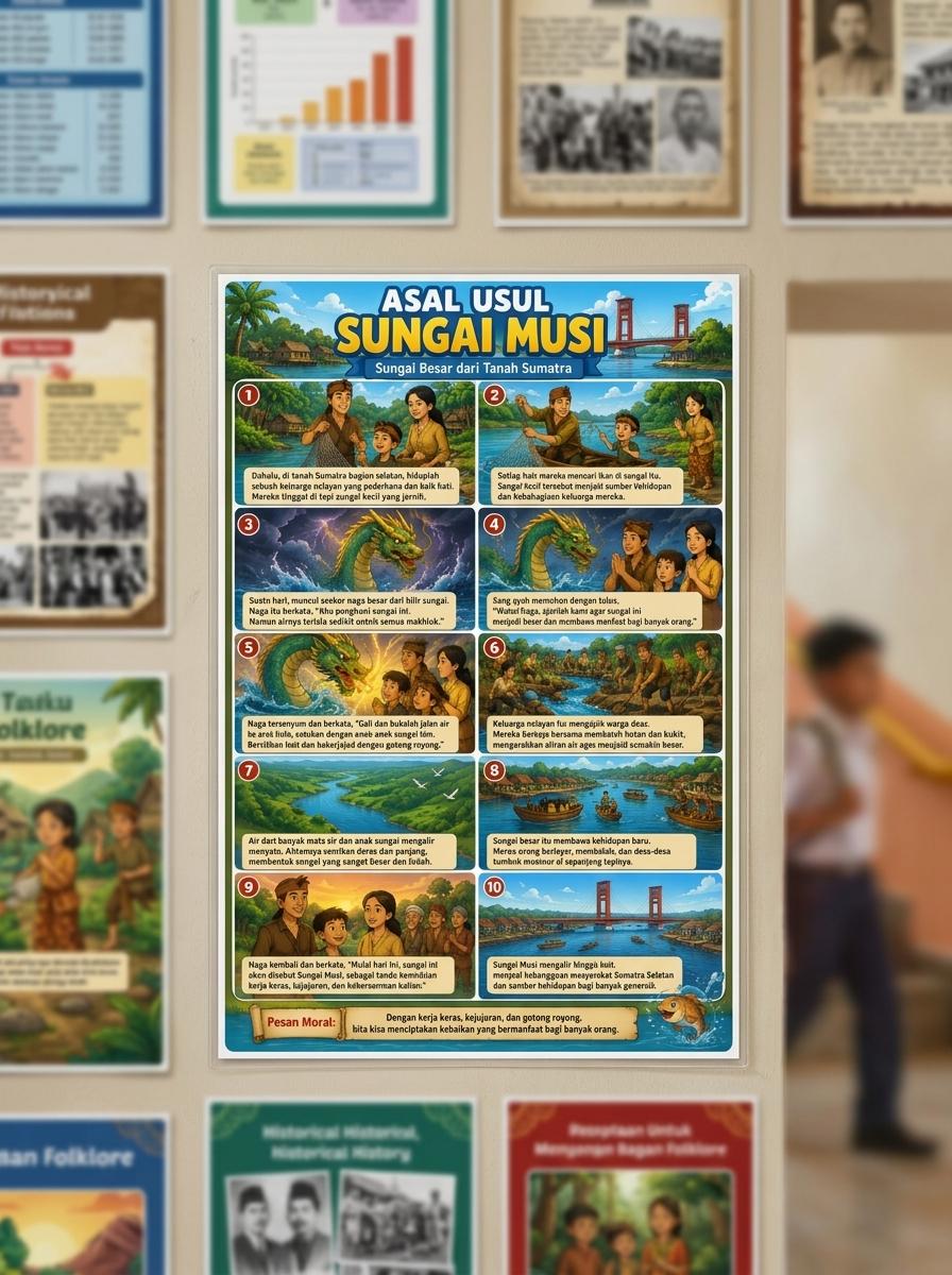 POSTER TERLARIS Cerita Nusantara Asal Usul Sungai Musi Palembang Hiasan Dinding Edukasi Anak A3+ Tebal
