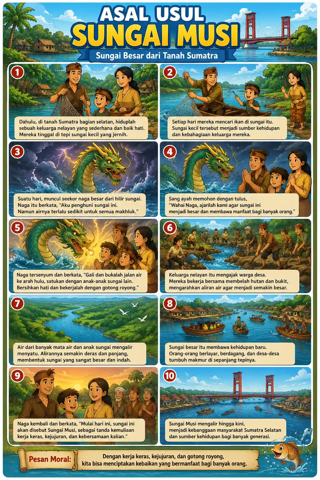 POSTER TERLARIS Cerita Nusantara Asal Usul Sungai Musi Palembang Hiasan Dinding Edukasi Anak A3+ Tebal