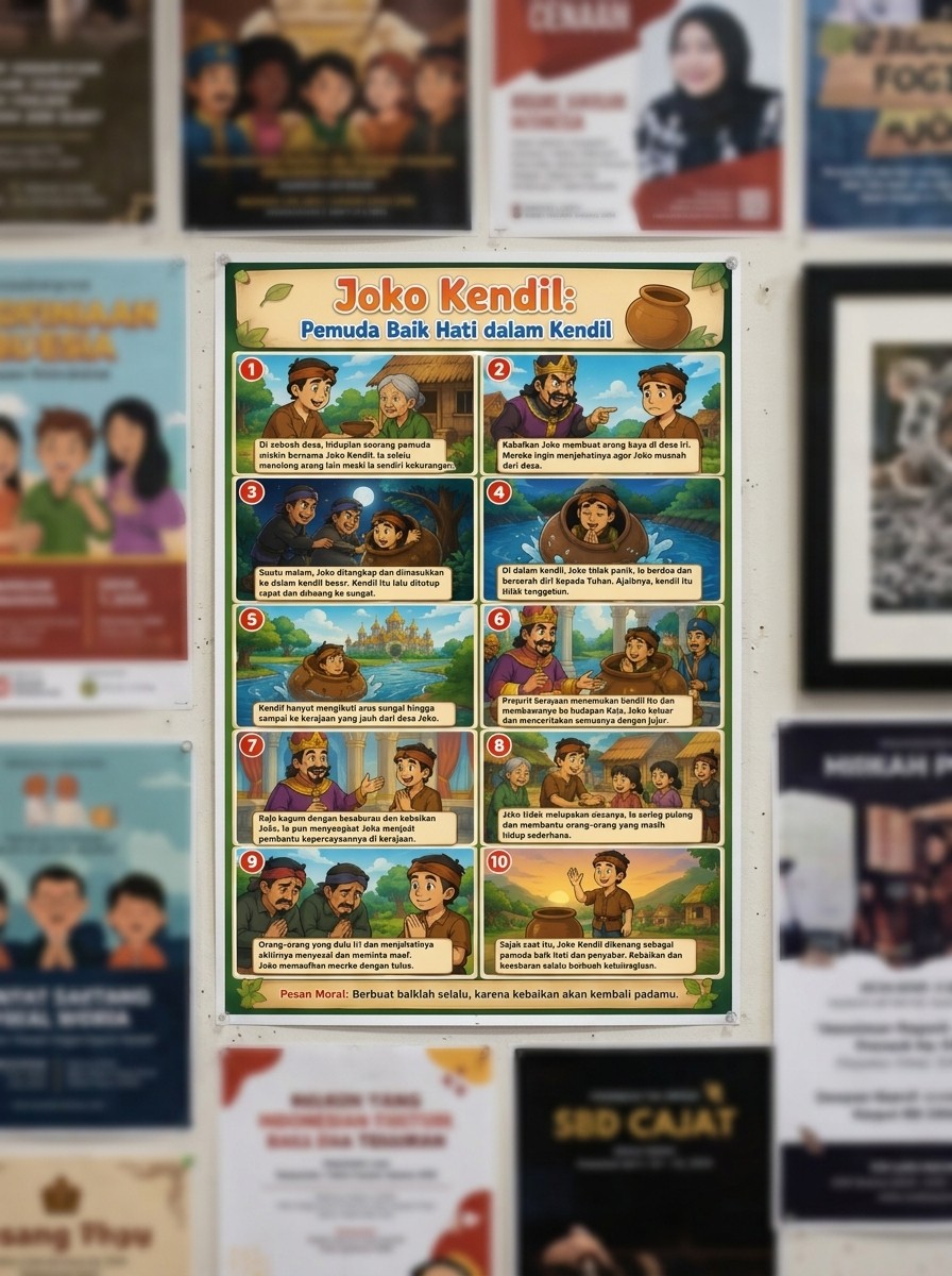 Poster Edukasi Anak Cerita Rakyat Joko Kendil A3+ Hiasan Dinding Kamar Belajar