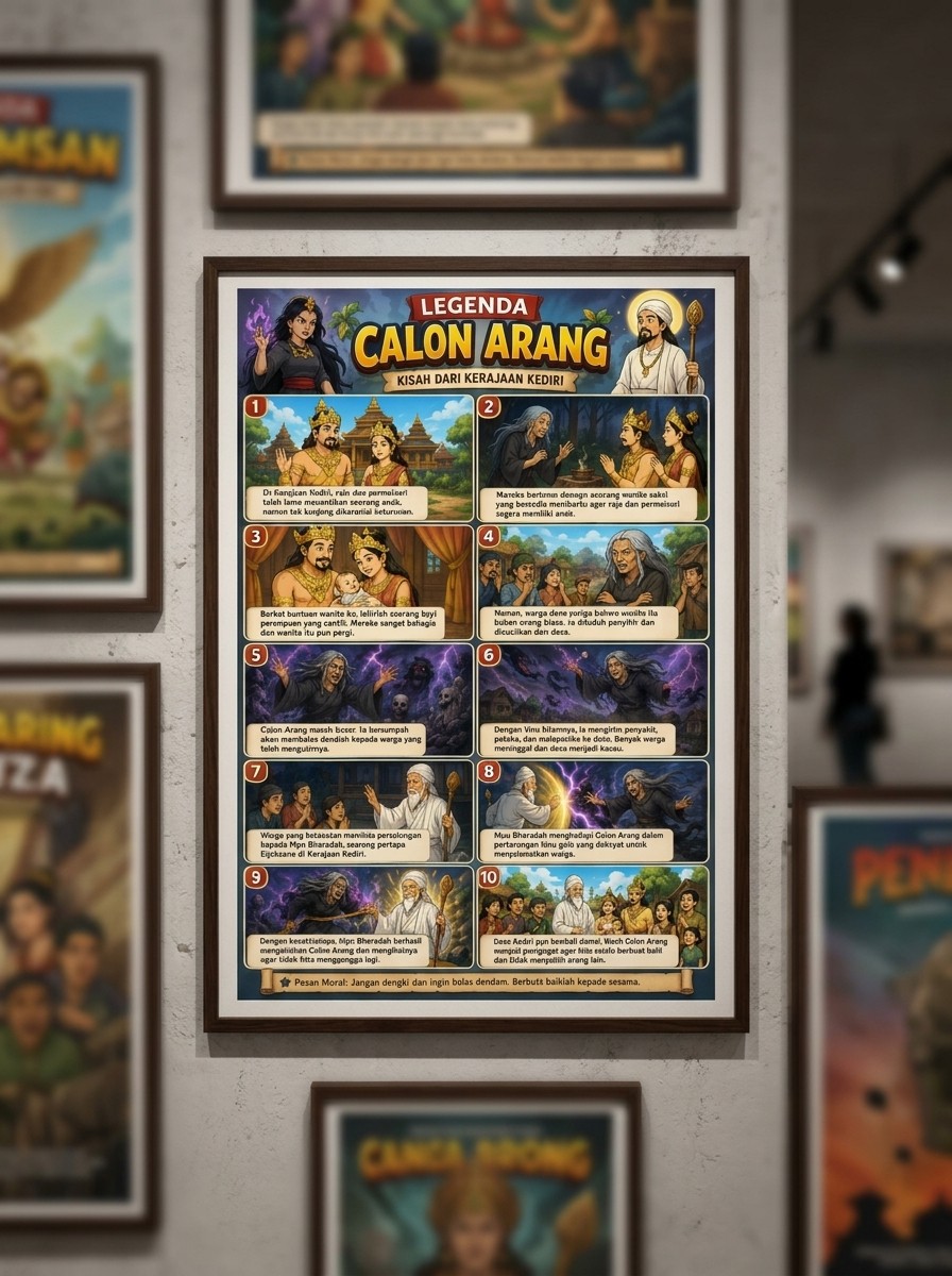 Poster Seni Budaya Calon Arang Kerajaan Kediri Ukuran A3+ Kertas Tebal Hiasan Dinding Tradisional Indonesia