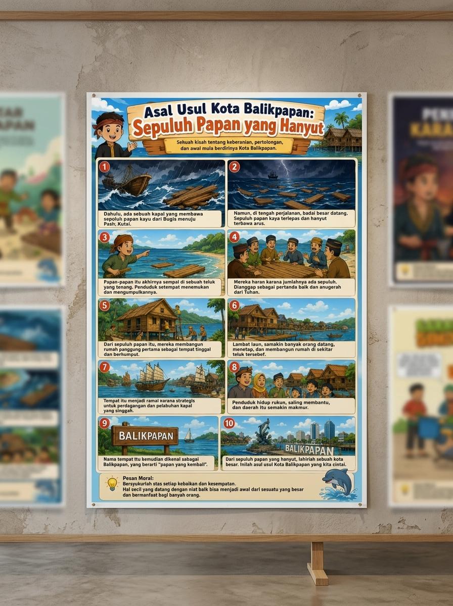 Hiasan Dinding Aesthetic Poster Asal Usul Kota Balikpapan Legenda Sepuluh Papan Hanyut Souvenir Khas Kaltim