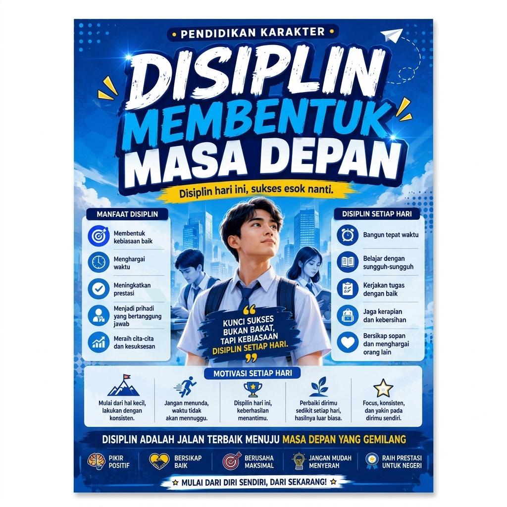 Poster Edukasi Sekolah & Kantor Kata Bijak Disiplin Membentuk Masa Depan HD