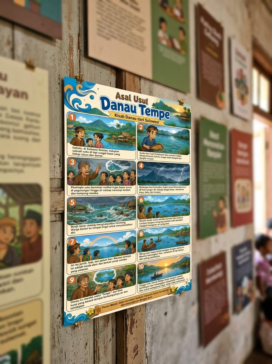 Poster Edukasi Anak Cerita Rakyat Asal Usul Danau Tempe Sulawesi - Hiasan Dinding Belajar SD