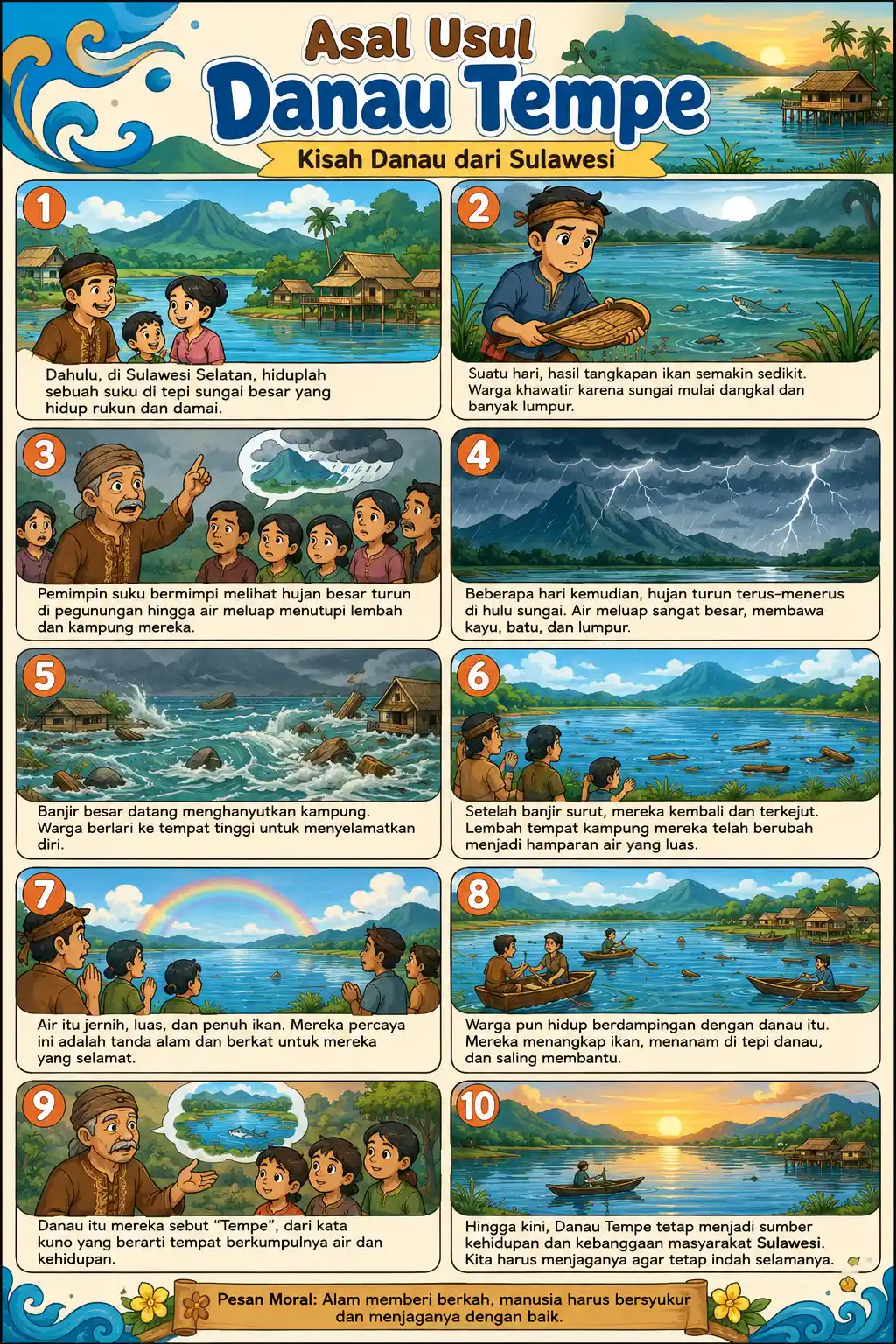 Poster Edukasi Anak Cerita Rakyat Asal Usul Danau Tempe Sulawesi - Hiasan Dinding Belajar SD