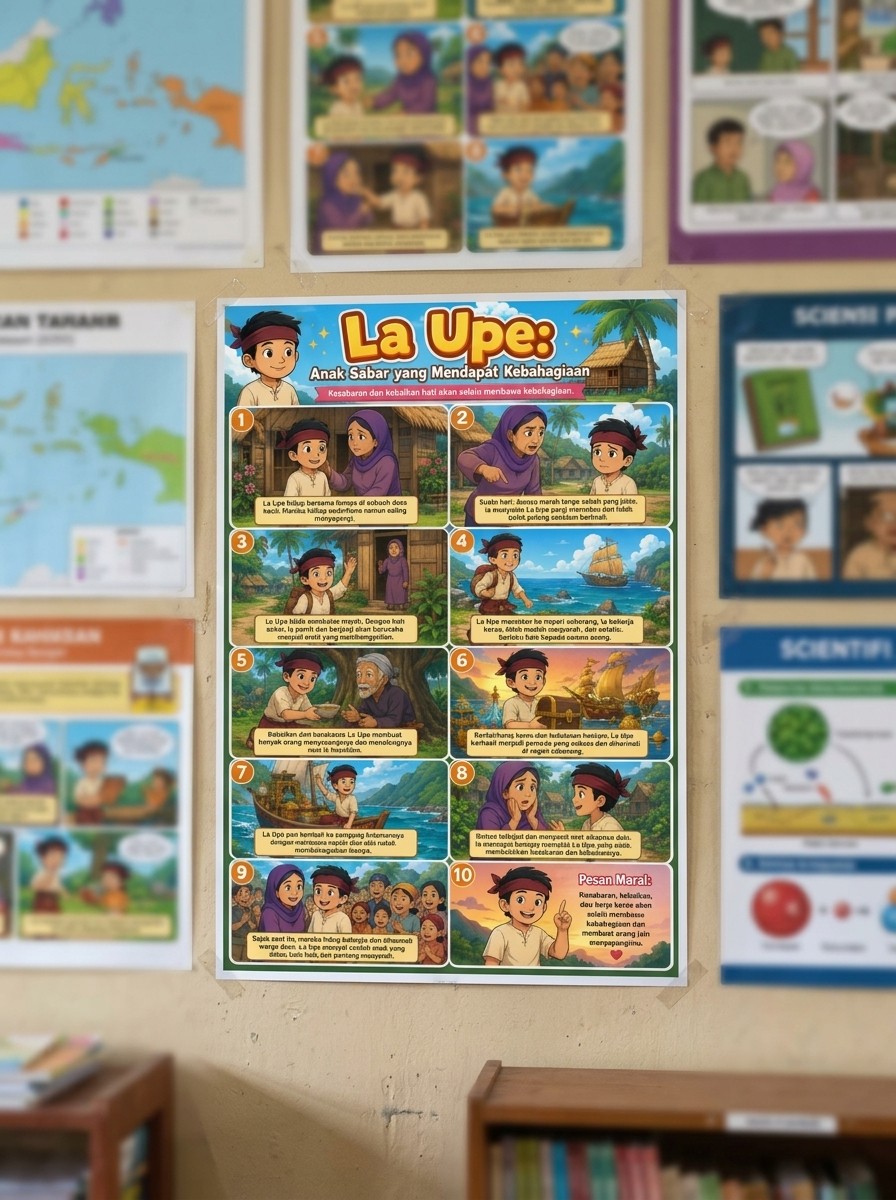 Poster Edukasi Anak La Upe Anak Sabar Cerita Rakyat Bugis - Hiasan Dinding Kamar Karakter
