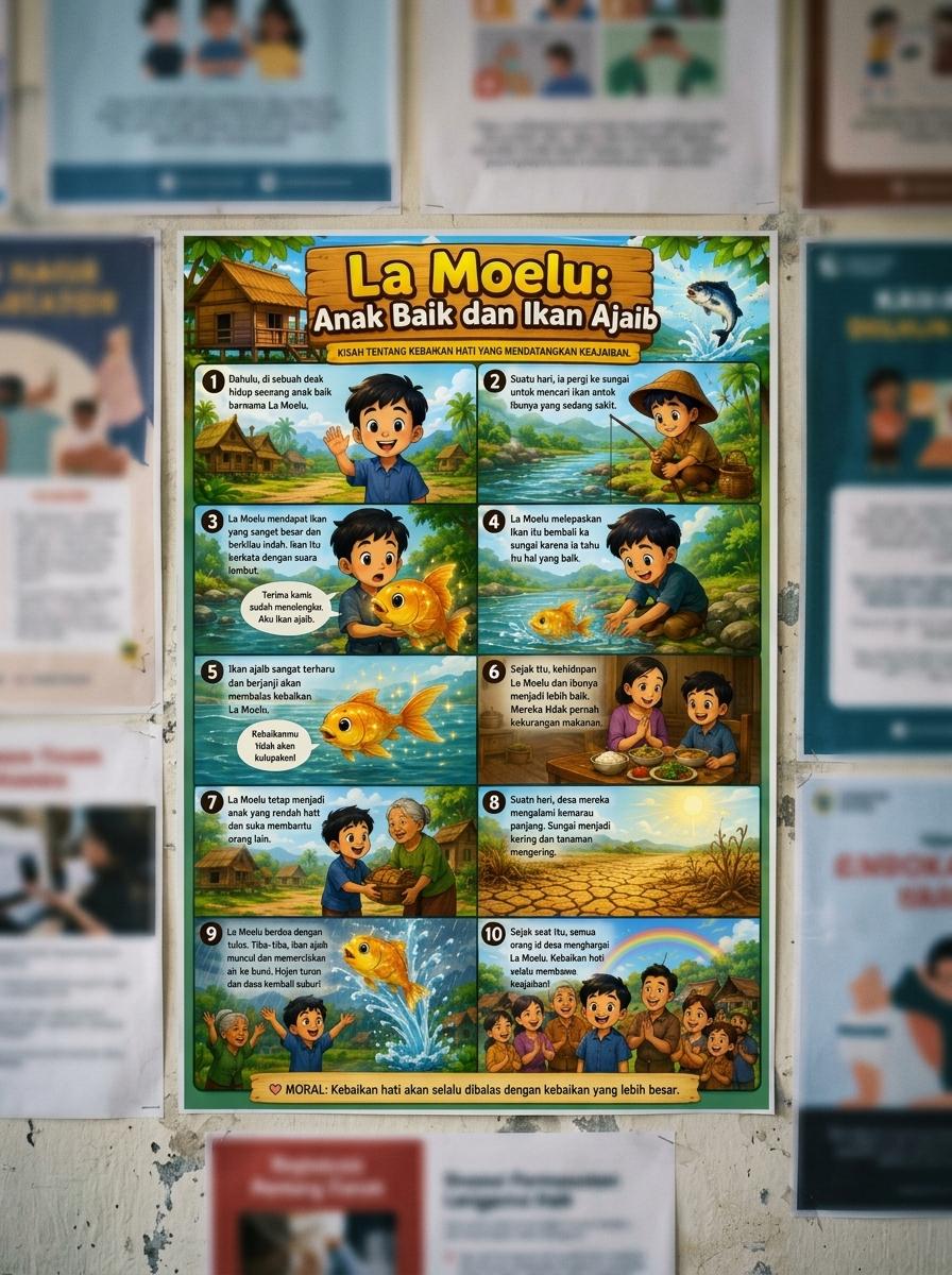 Poster Edukasi Anak La Moelu Anak Baik dan Ikan Ajaib - Hiasan Dinding Kamar Aesthetic Cerita Rakyat