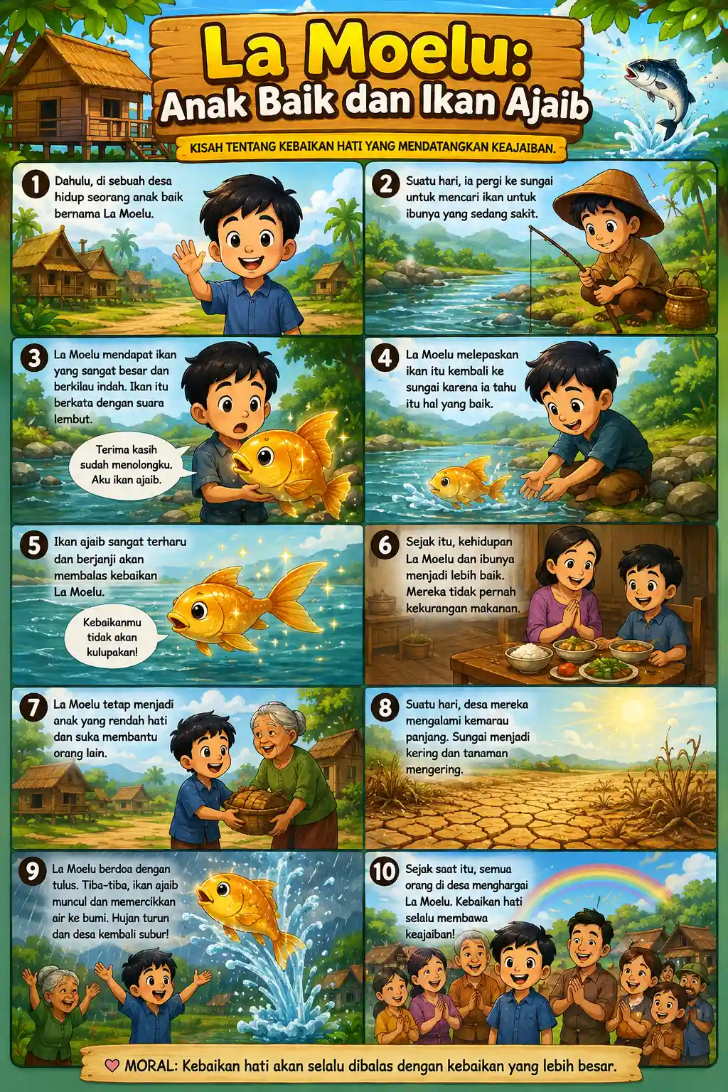 Poster Edukasi Anak La Moelu Anak Baik dan Ikan Ajaib - Hiasan Dinding Kamar Aesthetic Cerita Rakyat