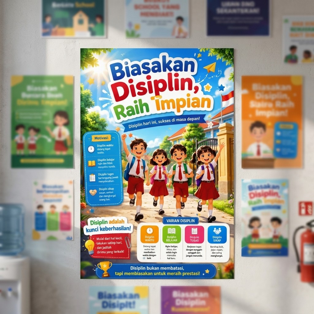 [PROMO] Poster Pendidikan Karakter Anak - Biasakan Disiplin Raih Impian - Hiasan Dinding Sekolah - Ukuran A3+ Kualitas Premium