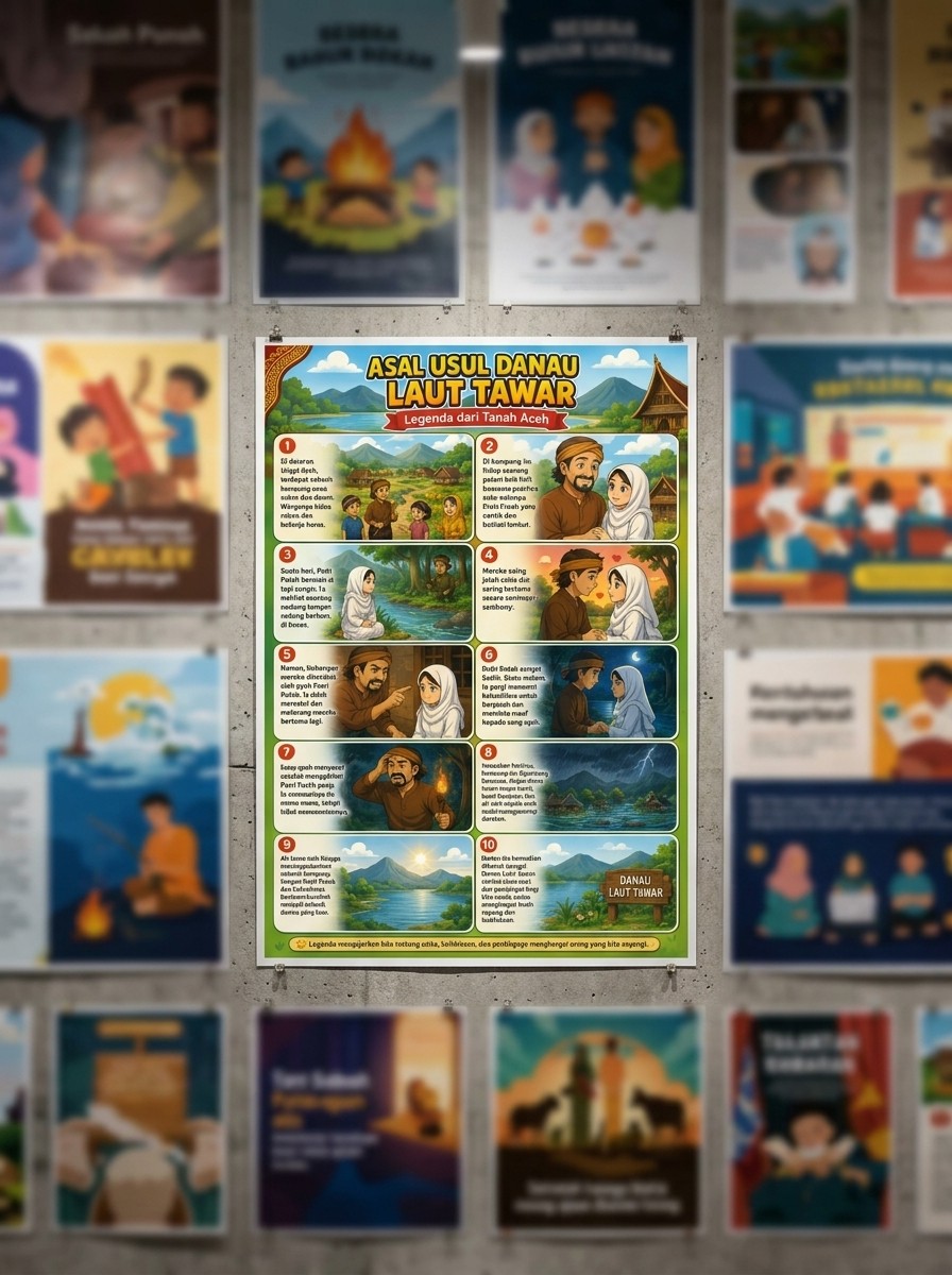 Poster Edukasi Anak Cerita Rakyat Asal Usul Danau Laut Tawar Legenda Aceh - Hiasan Dinding Edukatif